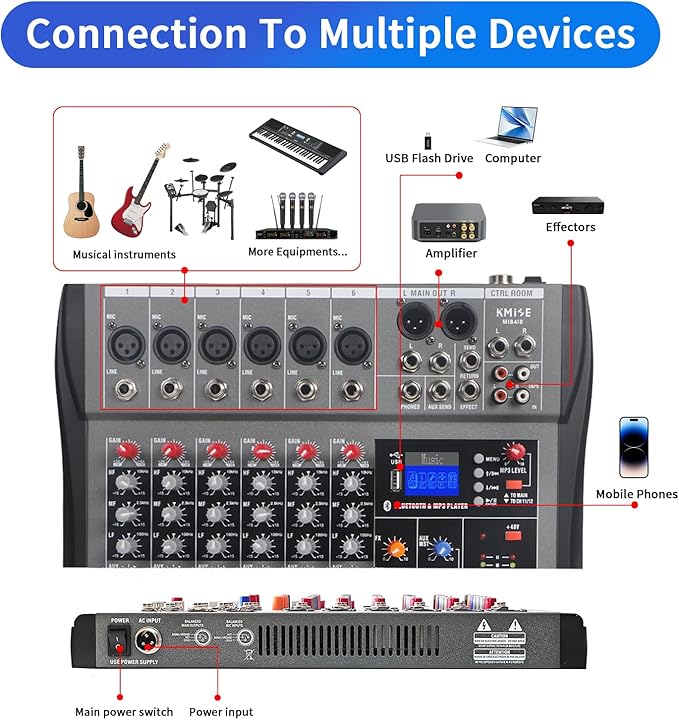 6 Channel Audio Mixer, Kmise Professional Sound Board Console Desk System Interface Digital USB MP3 Input 48V Phantom Power Stereo DJ Studio FX Steel Chassis, Black BT USB Mixer for PC - Image 3