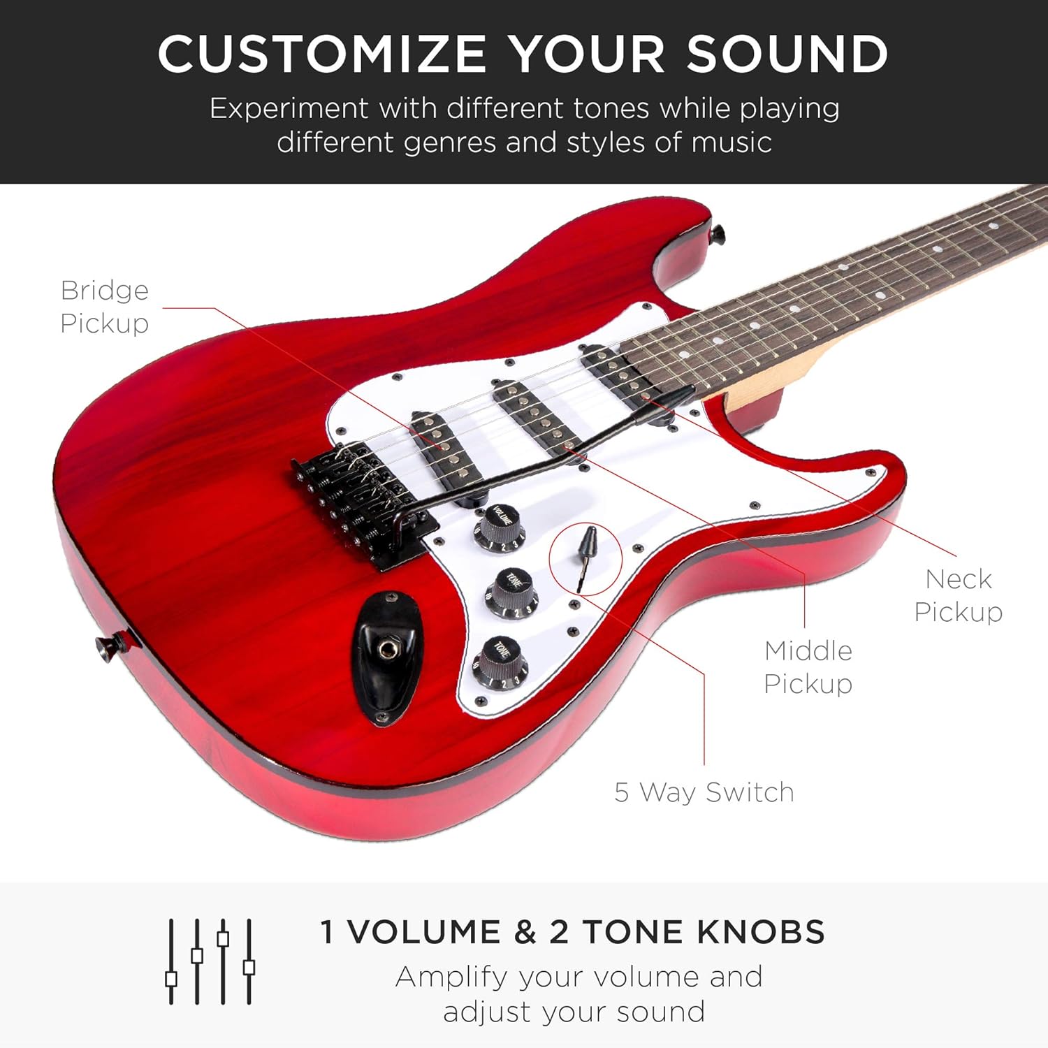 Best Choice Products 39in Full Size Beginner Electric Guitar Starter Kit w/Case, Strap, 10W Amp, Strings, Pick, Tremolo Bar - Cherry Red - Image 4