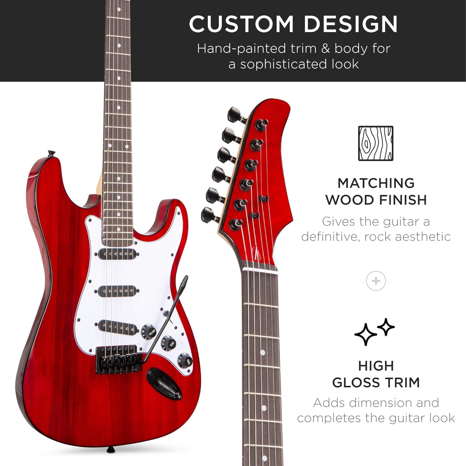 Best Choice Products 39in Full Size Beginner Electric Guitar Starter Kit w/Case, Strap, 10W Amp, Strings, Pick, Tremolo Bar - Cherry Red - Image 5
