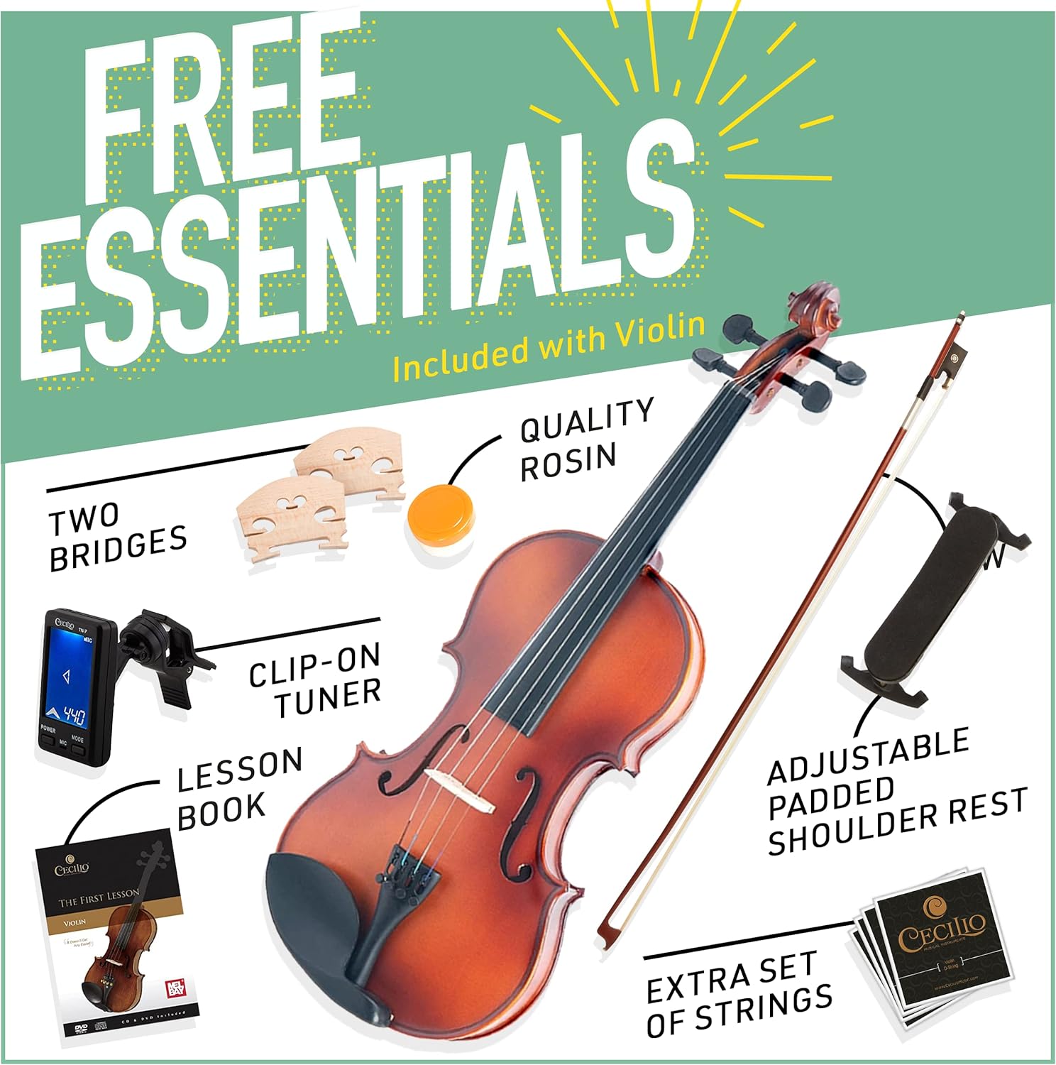 Mendini by Cecilio Violin 4/4 Full Set for Beginners - Fiddle MV 300 Satin Antique Finish - Image 6